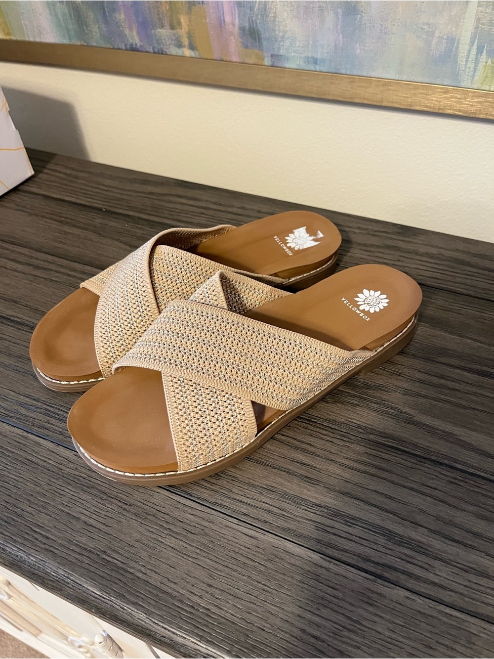 Yellow Box Kable Gold/Tan Woven Crisscross Slide Mules W9
